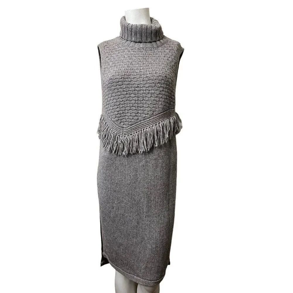Nomad Morgan Carper Medium Wool Fringe Stretch Knit Turtleneck Sweater Dress